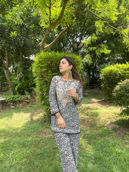 Amita in Chikankari Co-ord set in Polysilk for Women- Black With Golden